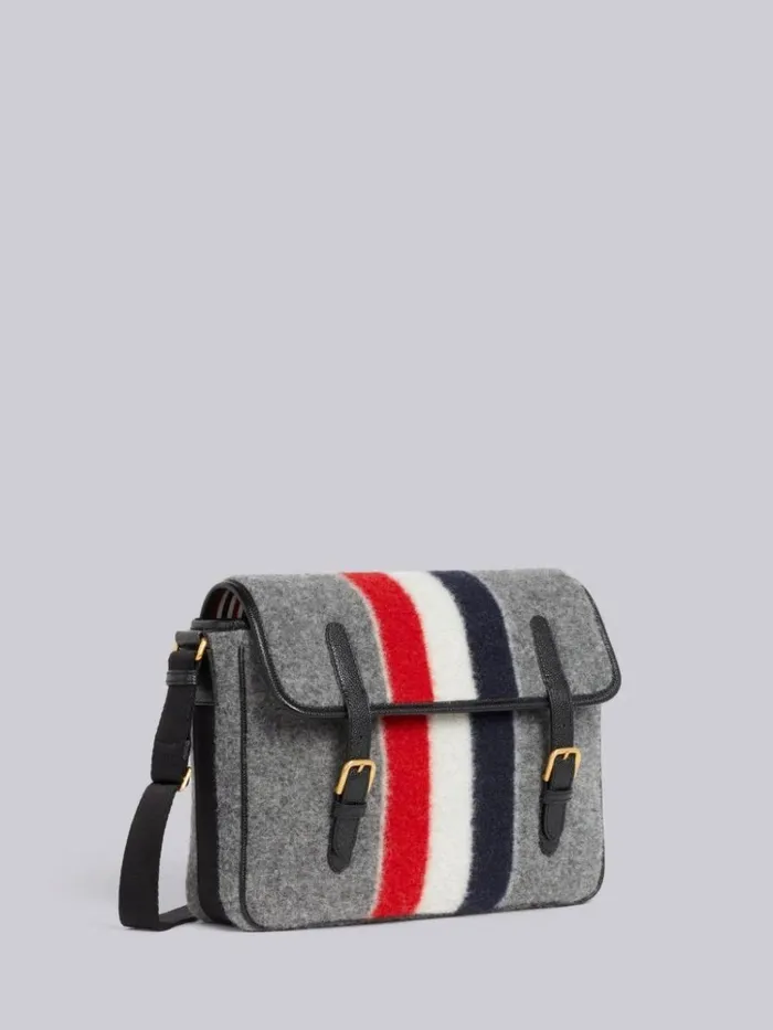 Boiled Wool Stripe Hunting Messenger Bag Medium Grey WomenMen Thom Browne Crossbody Bags