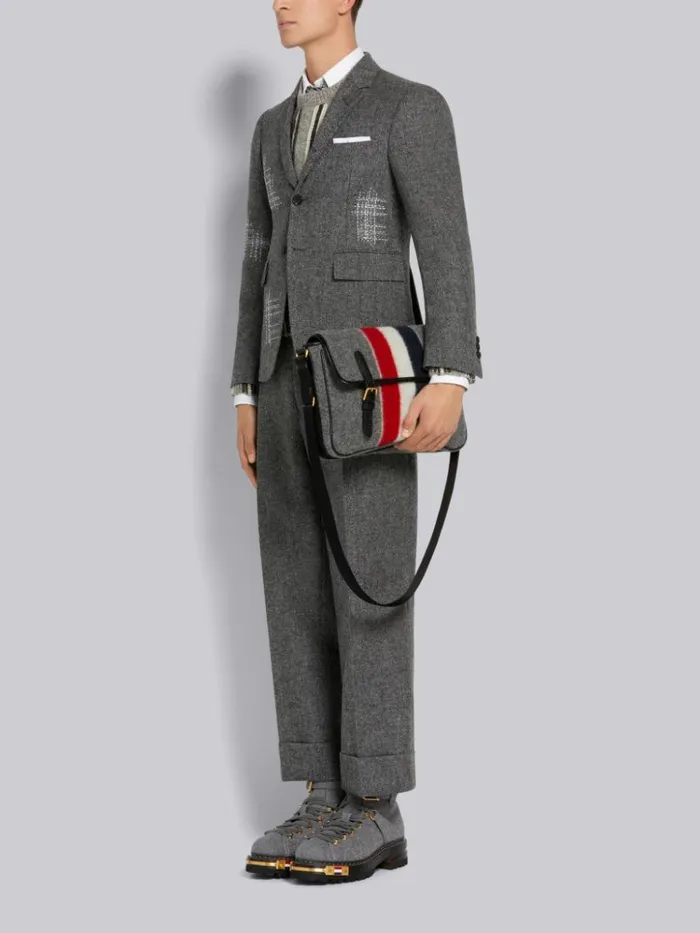 Boiled Wool Stripe Hunting Messenger Bag Medium Grey WomenMen Thom Browne Crossbody Bags