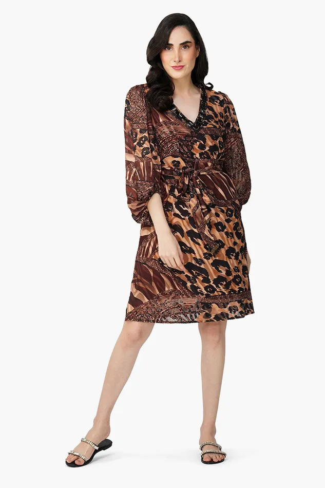 Brown Animal Patch Print Short Dress Brown Animal Patch Print Short Dress