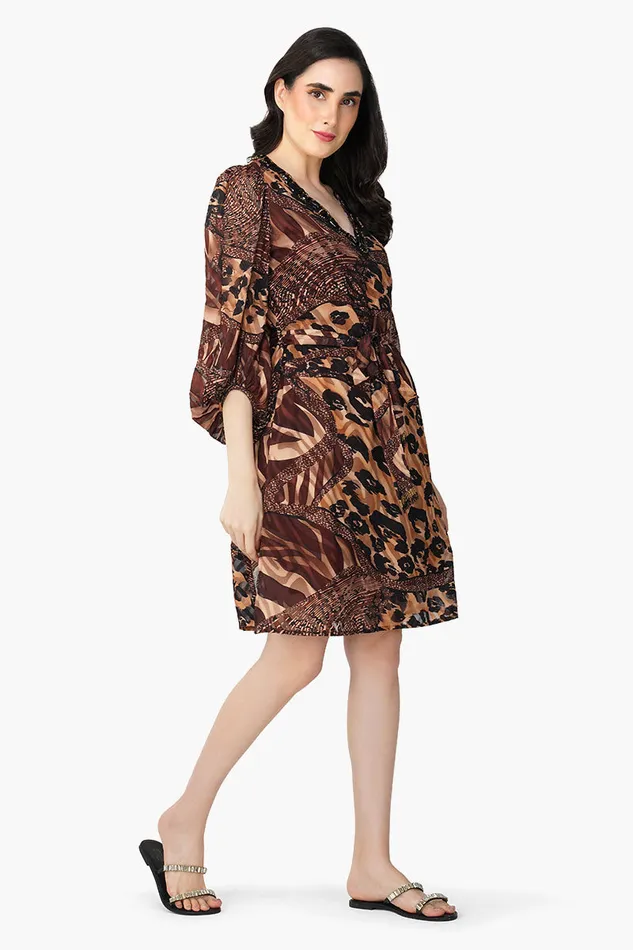 Brown Animal Patch Print Short Dress Brown Animal Patch Print Short Dress