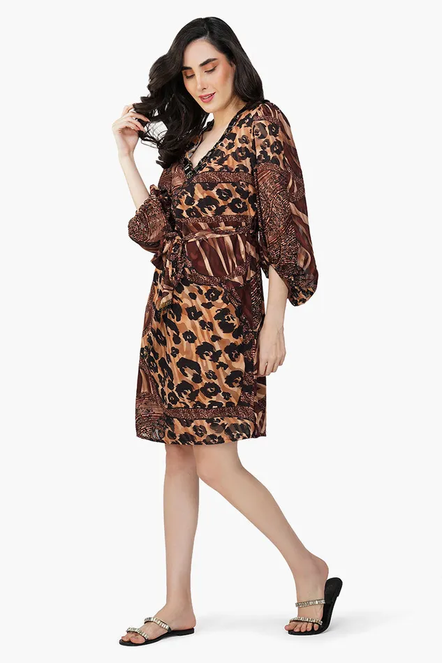 Brown Animal Patch Print Short Dress Brown Animal Patch Print Short Dress