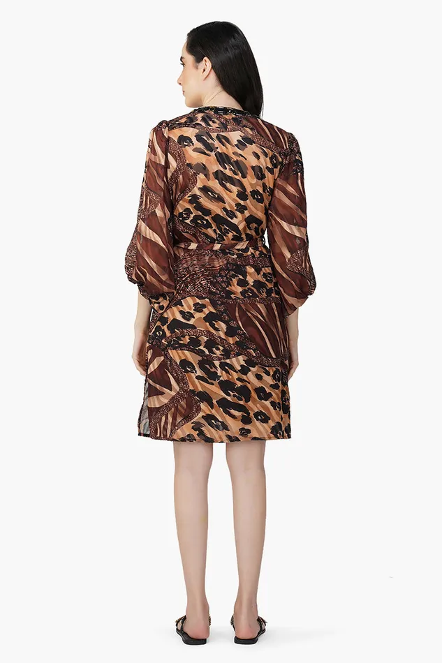 Brown Animal Patch Print Short Dress Brown Animal Patch Print Short Dress