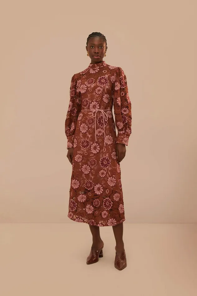 Brown Gigi Tapestry Guipure Midi Dress Women FARM Rio Midi Dresses