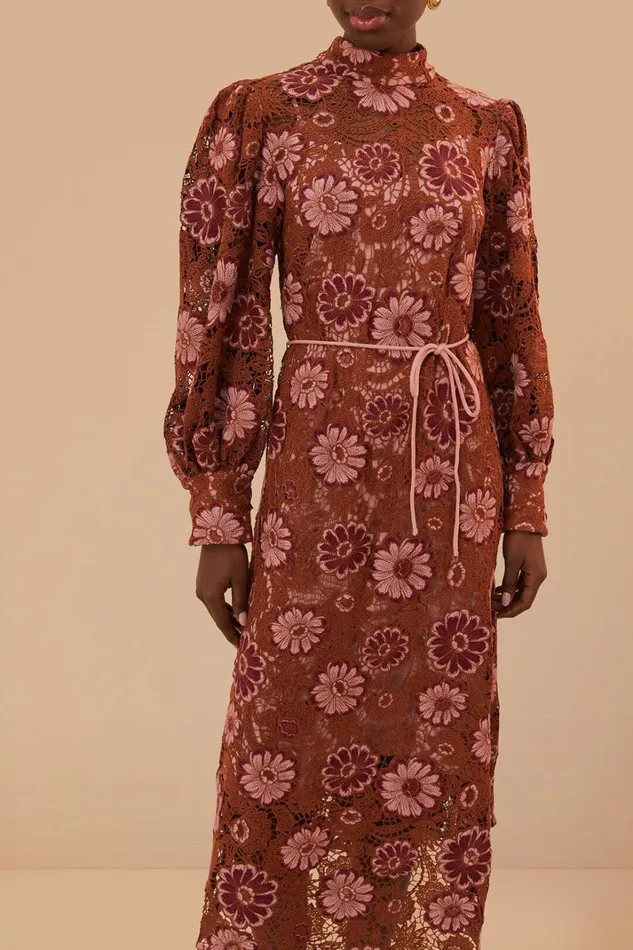 Brown Gigi Tapestry Guipure Midi Dress Women FARM Rio Midi Dresses Brown Gigi Tapestry Guipure Midi Dress Women FARM Rio Midi Dresses
