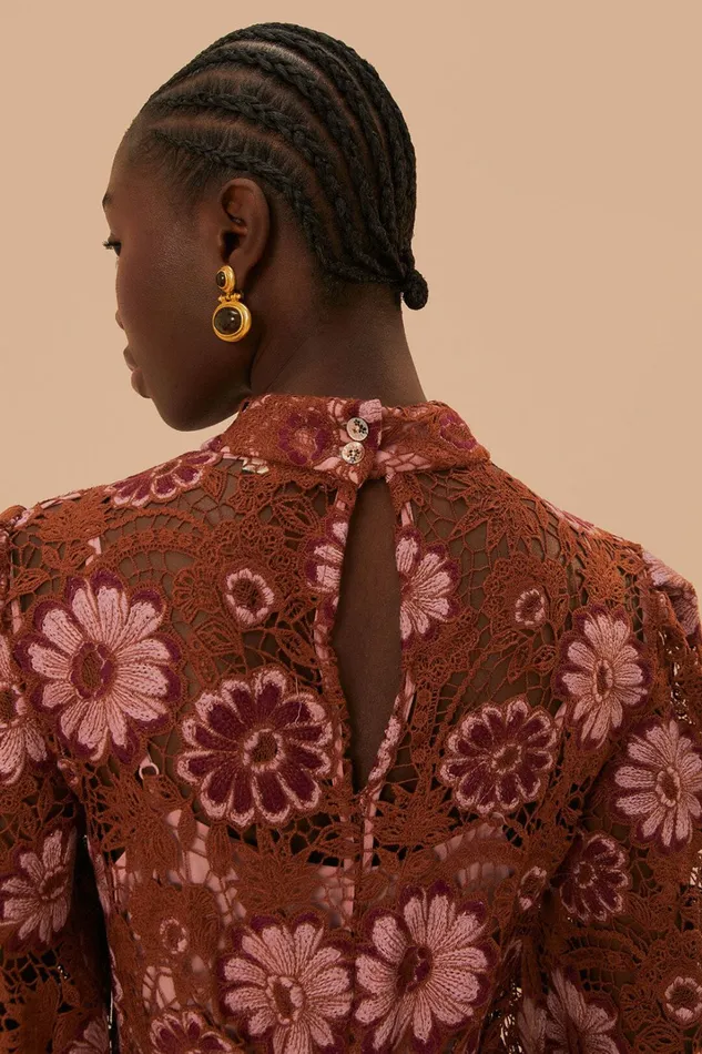Brown Gigi Tapestry Guipure Midi Dress Women FARM Rio Midi Dresses Brown Gigi Tapestry Guipure Midi Dress Women FARM Rio Midi Dresses