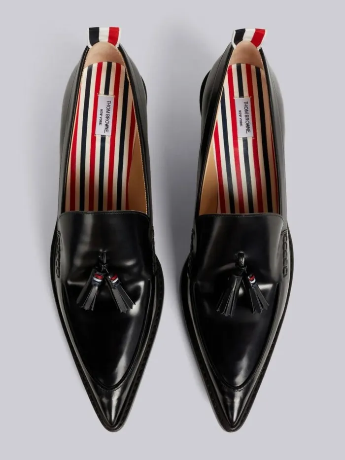 Calf Leather 50mm Curved Heel Tassel Loafer Black Women Thom Browne Heels