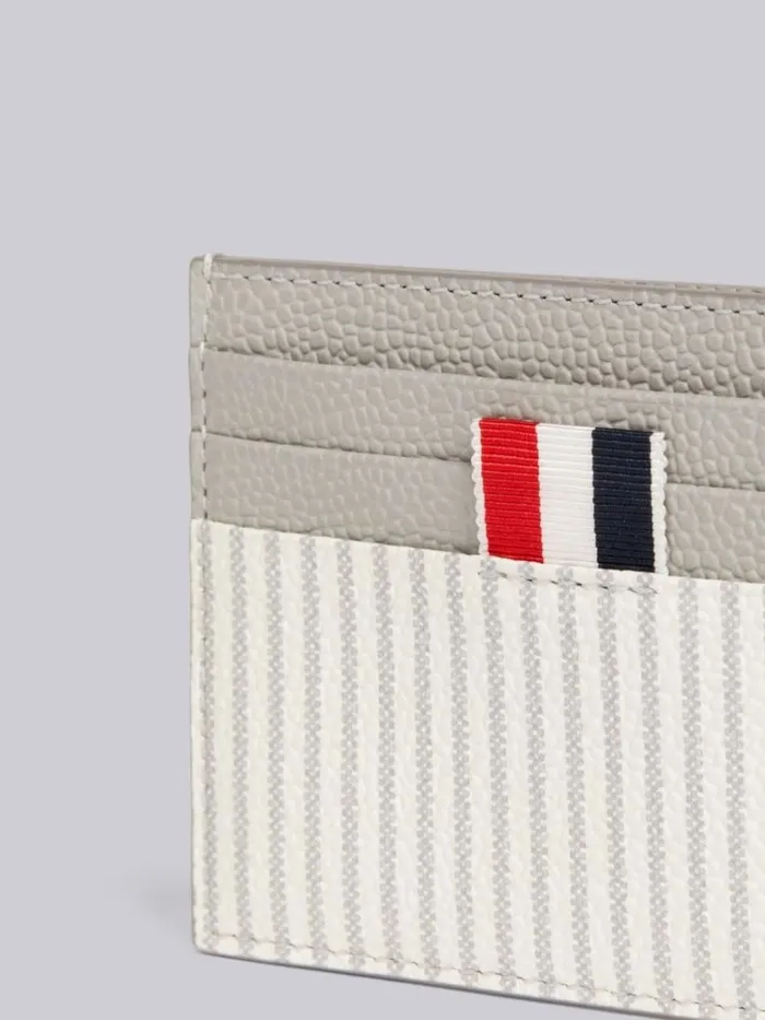 Calf Leather Seersucker Single Card Holder With Note Compartment Light Grey WomenMen Thom Browne Purses and Wallets