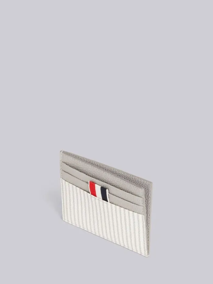 Calf Leather Seersucker Single Card Holder With Note Compartment Light Grey WomenMen Thom Browne Purses and Wallets