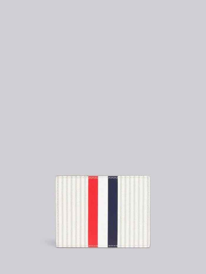 Calf Leather Seersucker Single Card Holder With Note Compartment Light Grey WomenMen Thom Browne Purses and Wallets
