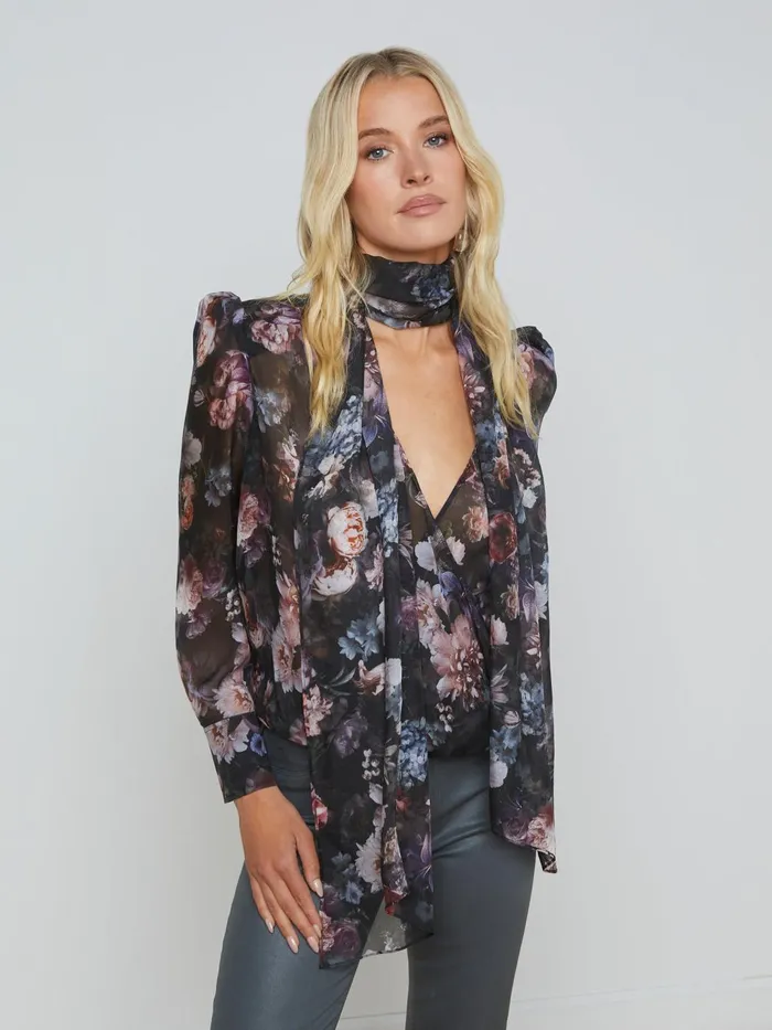 Cambria Silk TieNeck Blouse Black Multi Vintage Oil Flower Women L039Agence Blouses and Tops