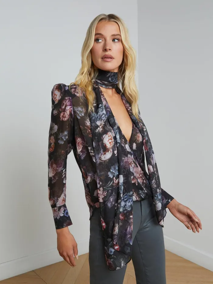 Cambria Silk TieNeck Blouse Black Multi Vintage Oil Flower Women L039Agence Blouses and Tops Cambria Silk TieNeck Blouse Black Multi Vintage Oil Flower Women L039Agence Blouses and Tops