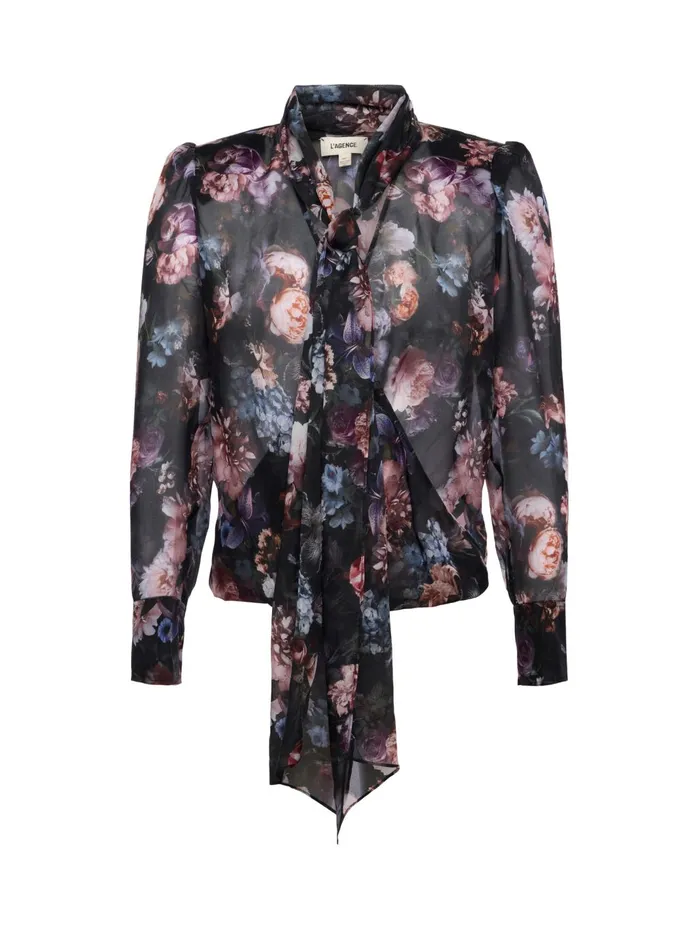 Cambria Silk TieNeck Blouse Black Multi Vintage Oil Flower Women L039Agence Blouses and Tops Cambria Silk TieNeck Blouse Black Multi Vintage Oil Flower Women L039Agence Blouses and Tops