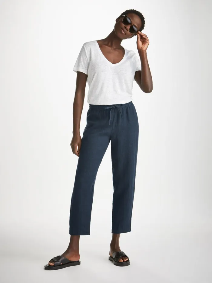 Casual Pants Women Derek Rose Trousers Vienna Linen Navy