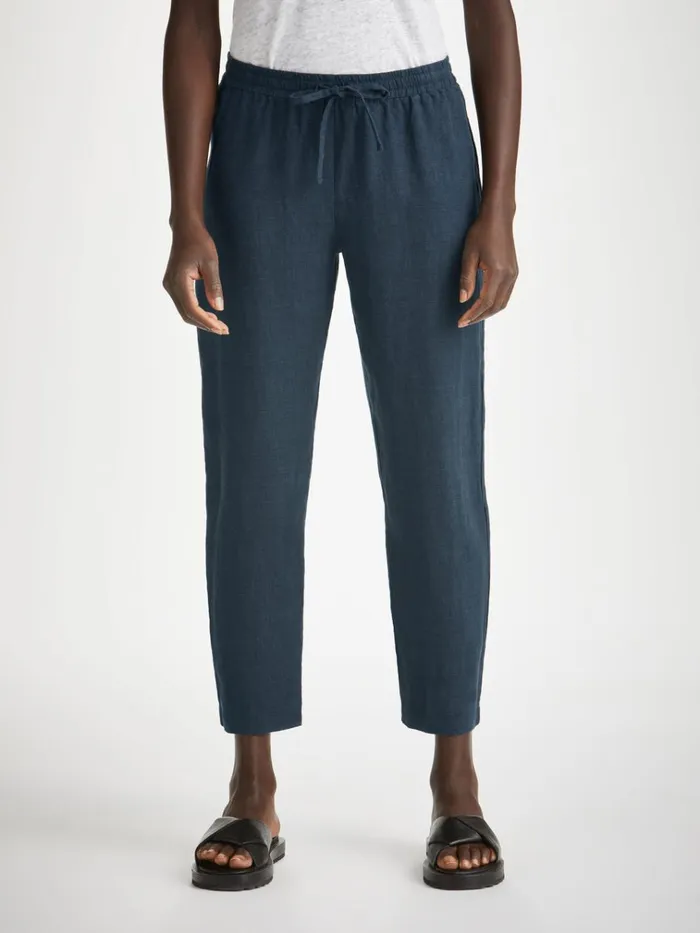 Casual Pants Women Derek Rose Trousers Vienna Linen Navy