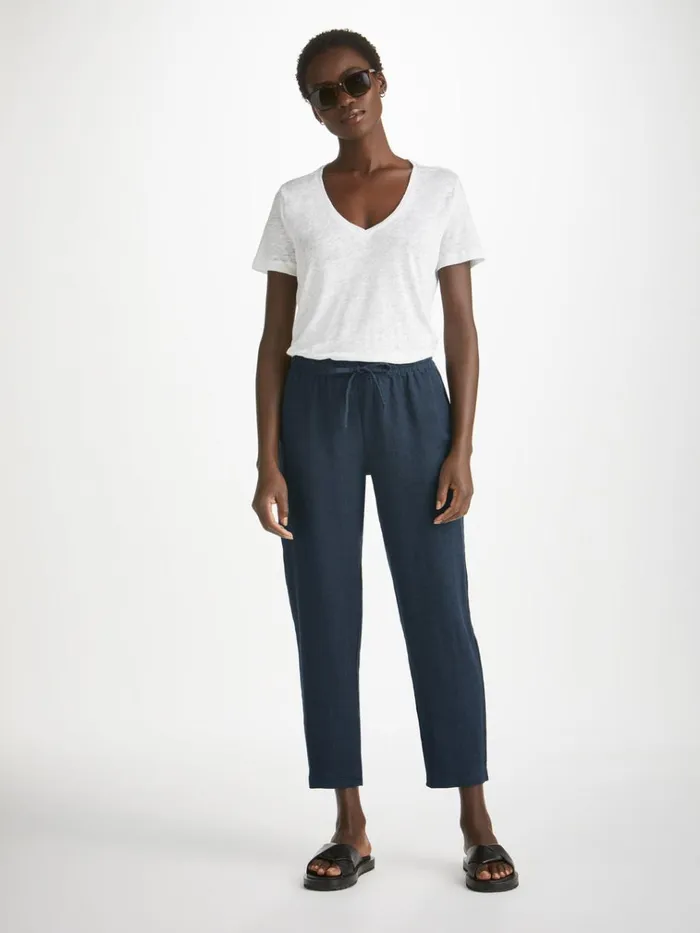 Casual Pants Women Derek Rose Trousers Vienna Linen Navy