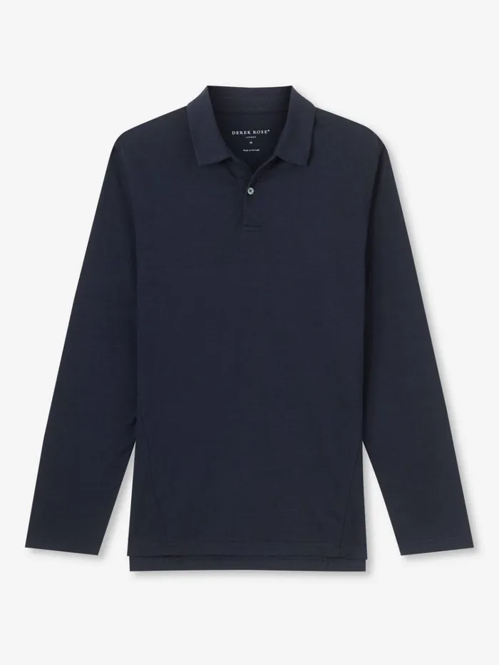 Casual Shirts Men Derek Rose Long Sleeve Polo Shirt Ramsay 2 Pique Cotton Tencel Navy