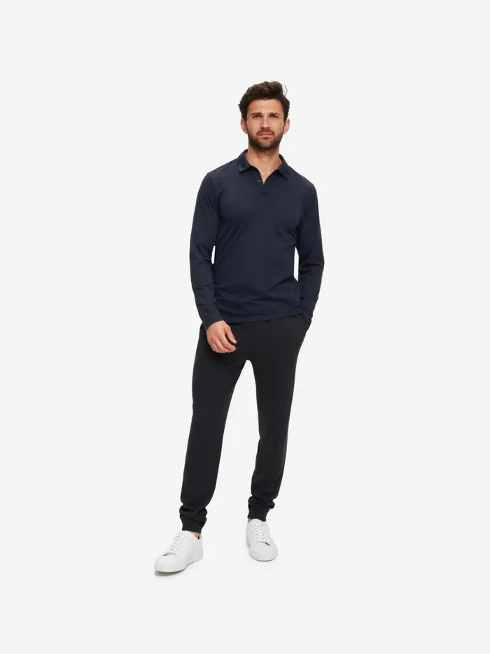 Casual Shirts Men Derek Rose Long Sleeve Polo Shirt Ramsay 2 Pique Cotton Tencel Navy