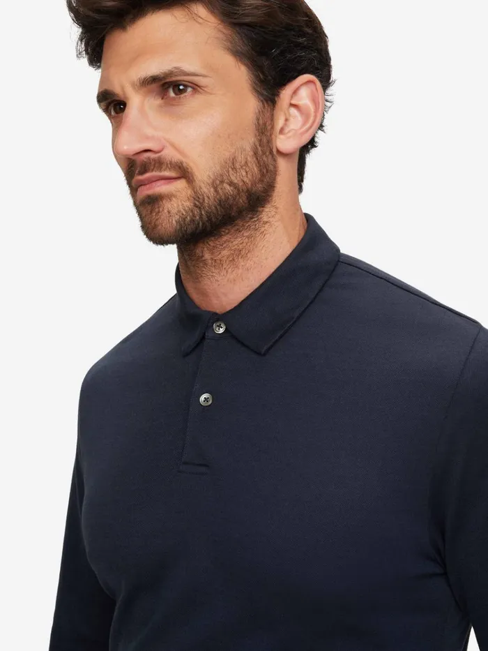 Casual Shirts Men Derek Rose Long Sleeve Polo Shirt Ramsay 2 Pique Cotton Tencel Navy