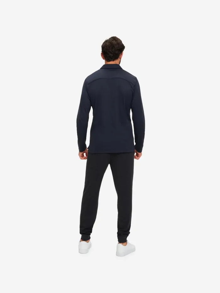 Casual Shirts Men Derek Rose Long Sleeve Polo Shirt Ramsay 2 Pique Cotton Tencel Navy