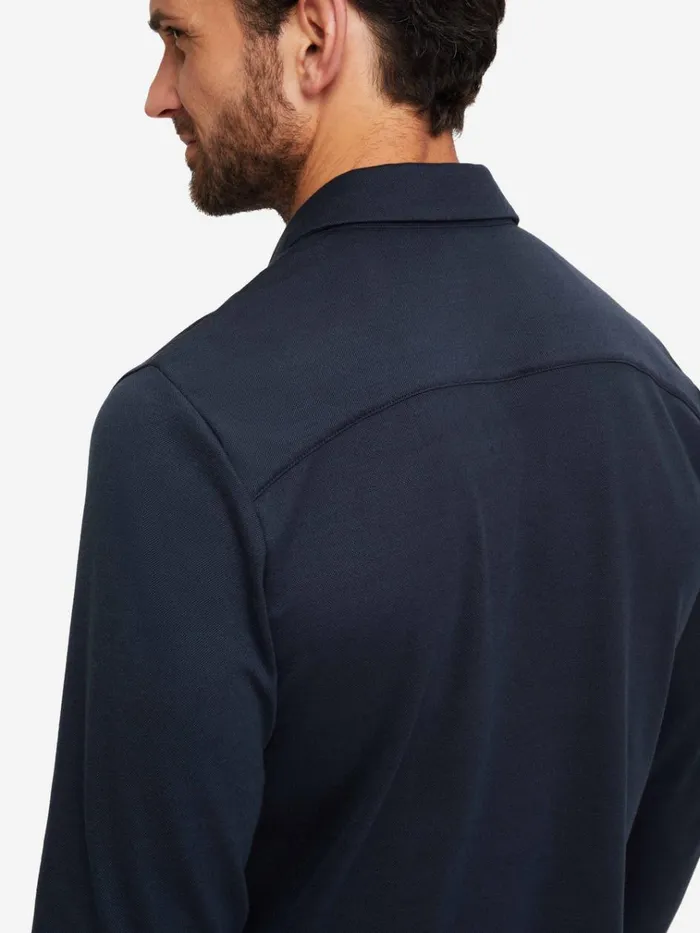 Casual Shirts Men Derek Rose Long Sleeve Polo Shirt Ramsay 2 Pique Cotton Tencel Navy