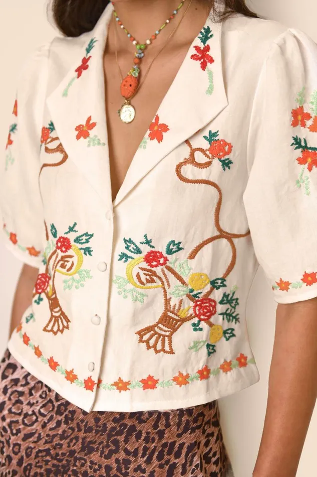 Caterina Basket Embroidery Cream Women RIXO Tops