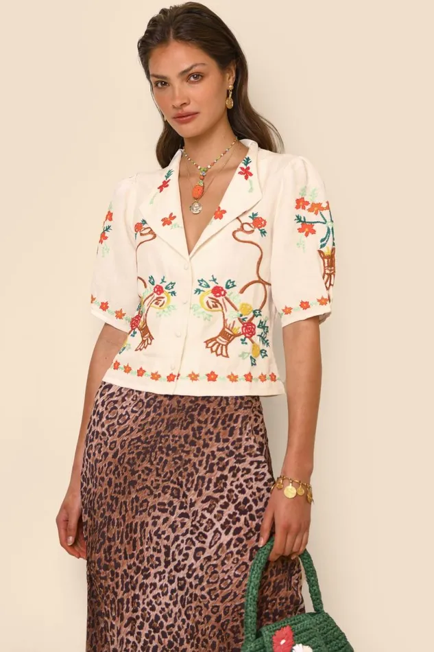 Caterina Basket Embroidery Cream Women RIXO Tops Caterina Basket Embroidery Cream Women RIXO Tops