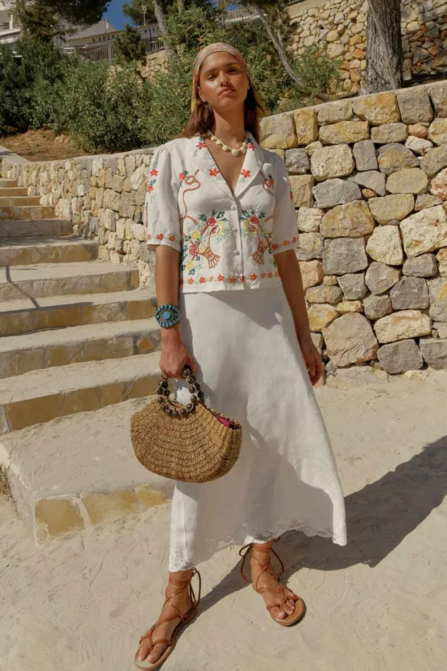 Caterina Basket Embroidery Cream Women RIXO Tops Caterina Basket Embroidery Cream Women RIXO Tops