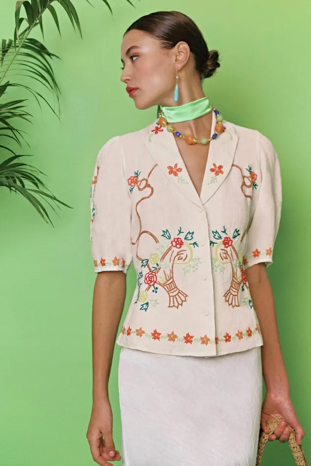 Caterina Basket Embroidery Cream Women RIXO Tops Caterina Basket Embroidery Cream Women RIXO Tops