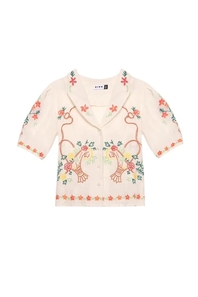 Caterina Basket Embroidery Cream Women RIXO Tops Caterina Basket Embroidery Cream Women RIXO Tops