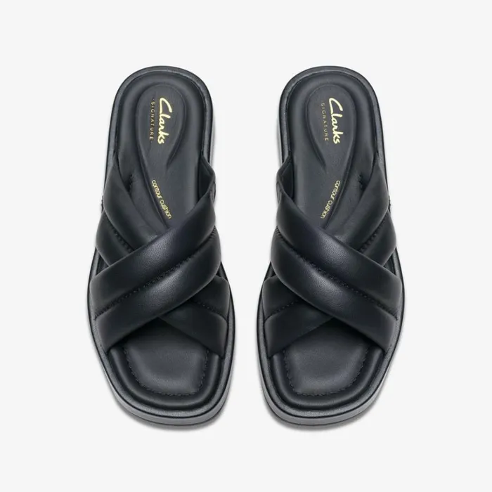 Clarks Alda Glide Black Leather Mules Black Leather Women Sliders And Flip Flops