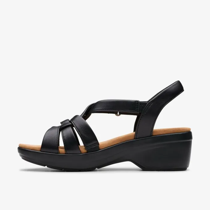 Clarks Tuleah Cross Black Leather Strappy Sandals Black Leather Women Wedge Sandals