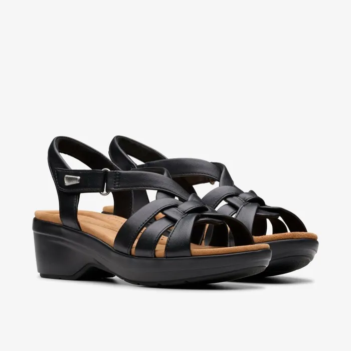 Clarks Tuleah Cross Black Leather Strappy Sandals Black Leather Women Wedge Sandals