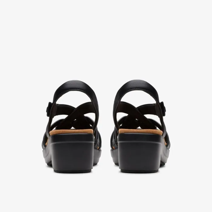 Clarks Tuleah Cross Black Leather Strappy Sandals Black Leather Women Wedge Sandals