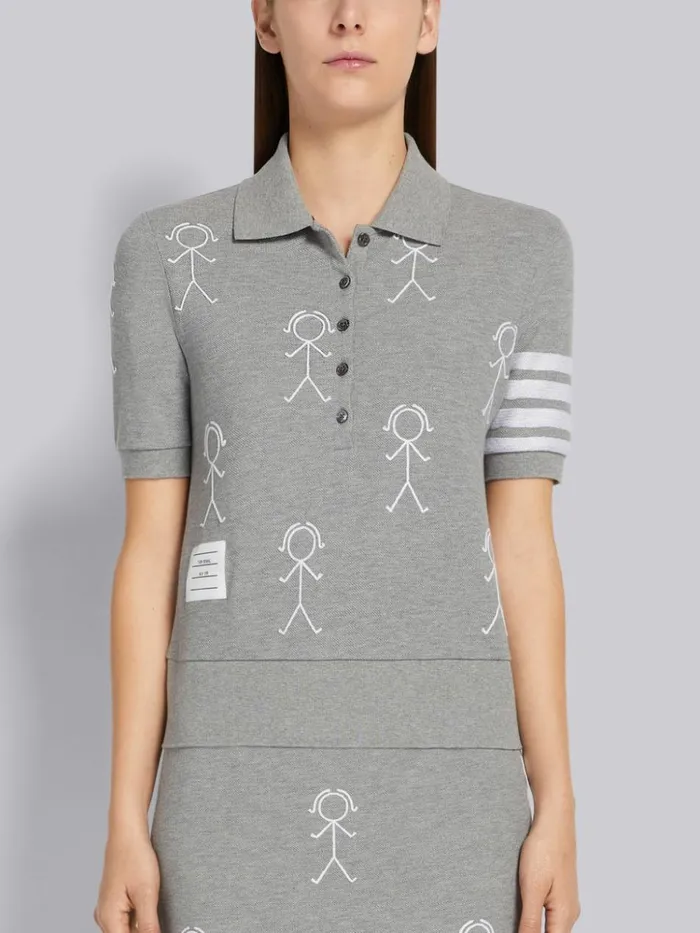 Classic Pique Chain Stitch 4bar and Mrs Thom Embroidery Short Sleeve Rib Cuff Polo Light Grey Women Thom Browne Tshirts and Polos Classic Pique Chain Stitch 4bar and Mrs Thom Embroidery Short Sleeve Rib Cuff Polo Light Grey Women Thom Browne Tshirts and Polos
