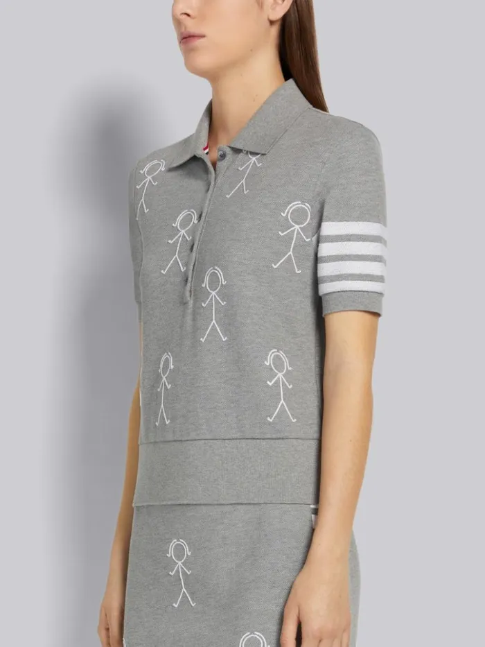 Classic Pique Chain Stitch 4bar and Mrs Thom Embroidery Short Sleeve Rib Cuff Polo Light Grey Women Thom Browne Tshirts and Polos