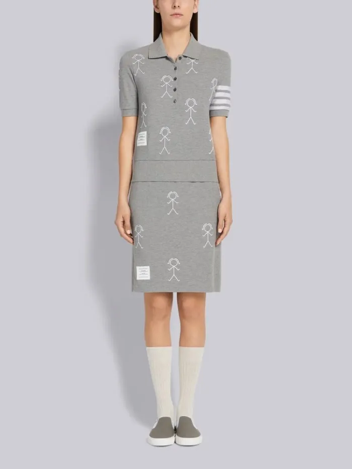 Classic Pique Chain Stitch 4bar and Mrs Thom Embroidery Short Sleeve Rib Cuff Polo Light Grey Women Thom Browne Tshirts and Polos