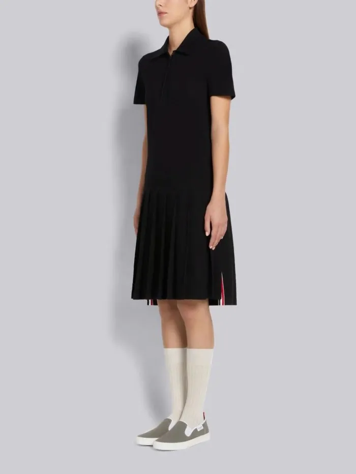 Classic Pique Short Sleeve Knee Length Pleated Polo Dress Black Women Thom Browne Dresses