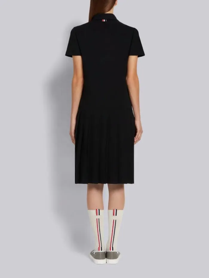 Classic Pique Short Sleeve Knee Length Pleated Polo Dress Black Women Thom Browne Dresses