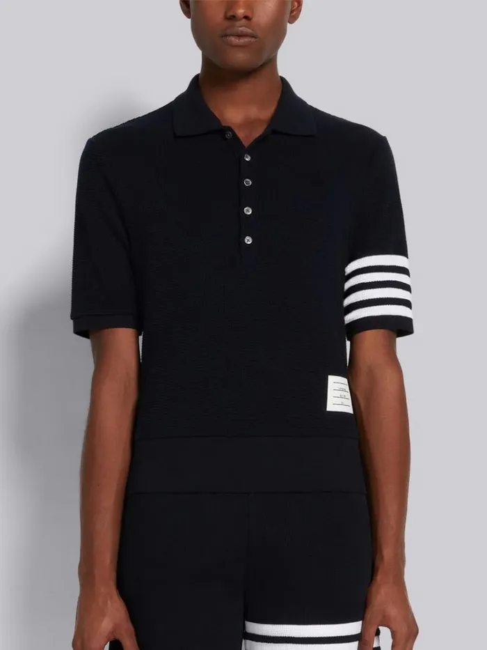 Compact Waffle Rib Cuff 4bar Polo Navy Men Thom Browne Tshirts and Polos