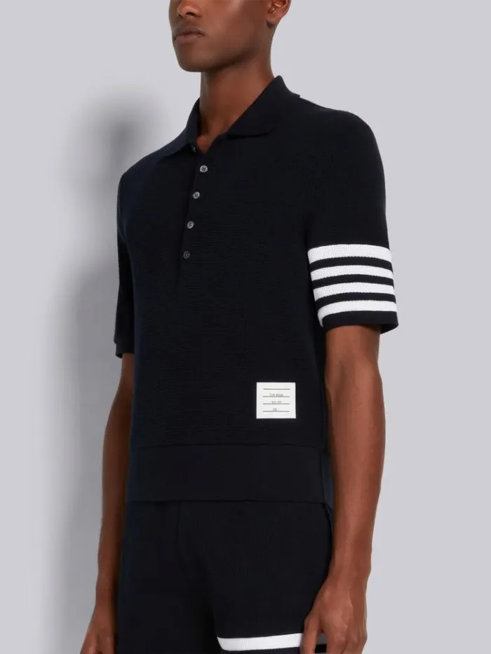 Compact Waffle Rib Cuff 4bar Polo Navy Men Thom Browne Tshirts and Polos