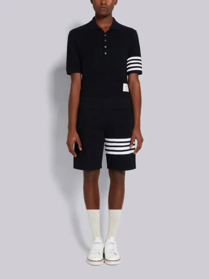 Compact Waffle Rib Cuff 4bar Polo Navy Men Thom Browne Tshirts and Polos