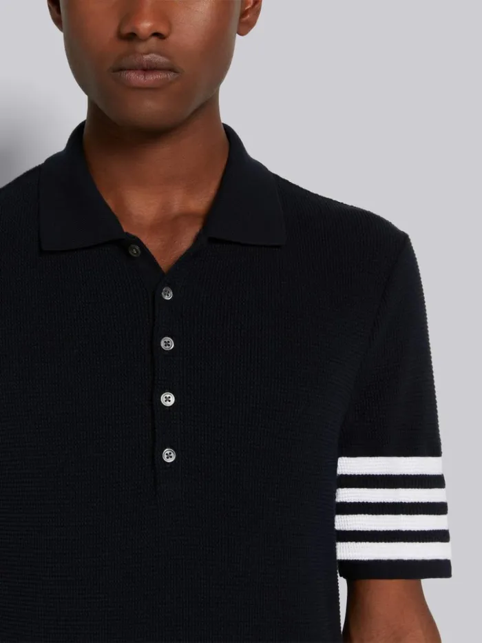 Compact Waffle Rib Cuff 4bar Polo Navy Men Thom Browne Tshirts and Polos