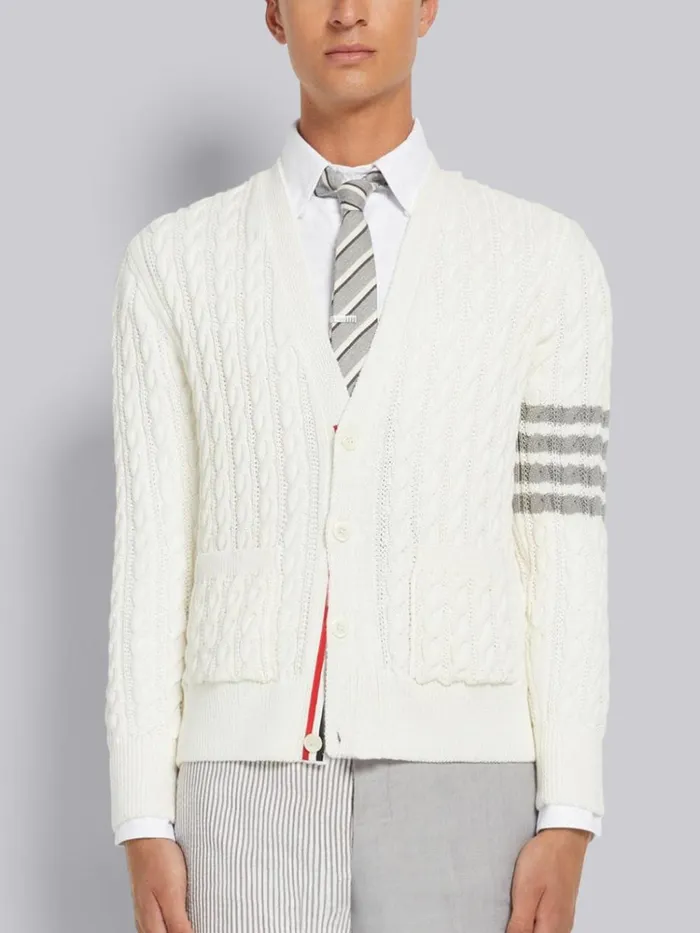 Cotton 4bar Cable Knit Vneck Cardigan White Men Thom Browne Knitwear
