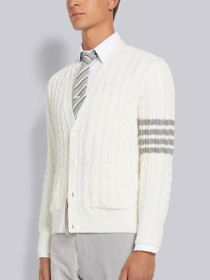 Cotton 4bar Cable Knit Vneck Cardigan White Men Thom Browne Knitwear