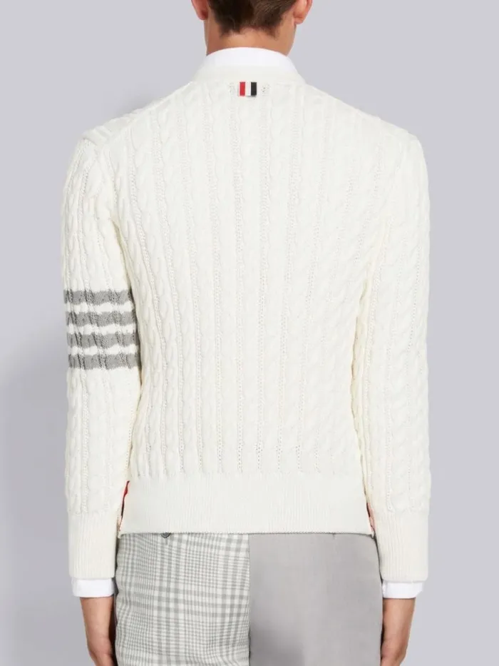 Cotton 4bar Cable Knit Vneck Cardigan White Men Thom Browne Knitwear
