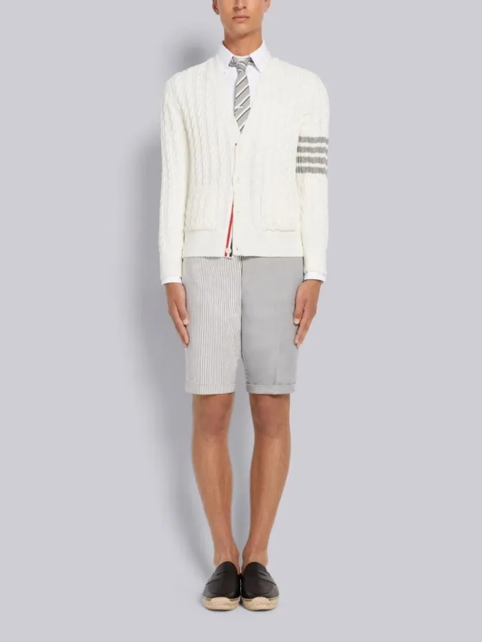 Cotton 4bar Cable Knit Vneck Cardigan White Men Thom Browne Knitwear