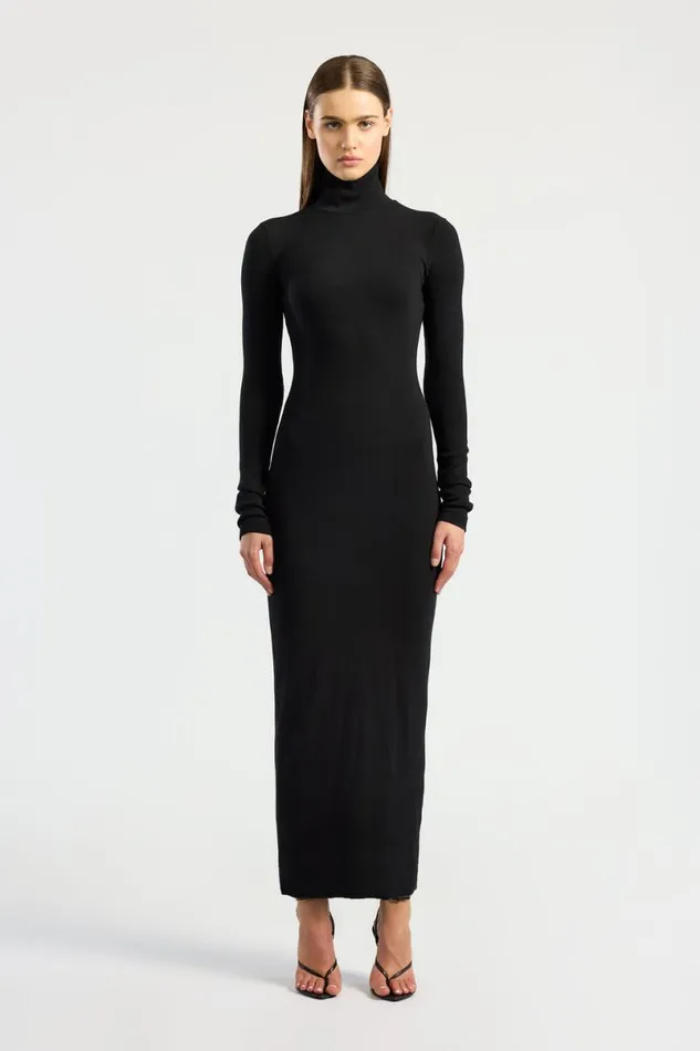 COTTON CITIZEN Verona Turtleneck Maxi Dress Jet Black Women Dresses Skirts