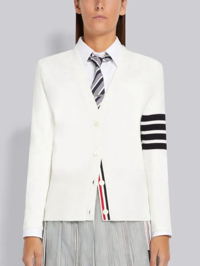 Cotton Hector Medallion 4bar Vneck Cardigan White Women Thom Browne Knitwear