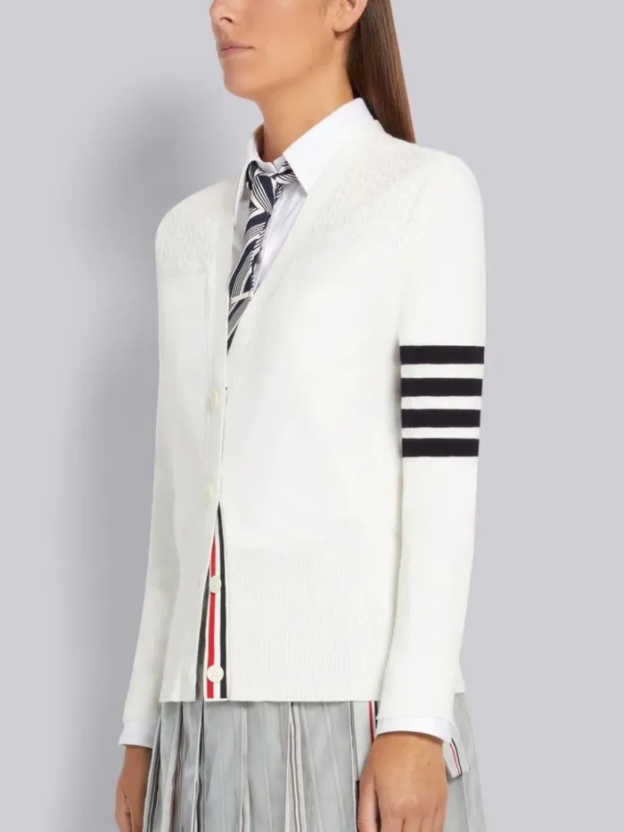 Cotton Hector Medallion 4bar Vneck Cardigan White Women Thom Browne Knitwear