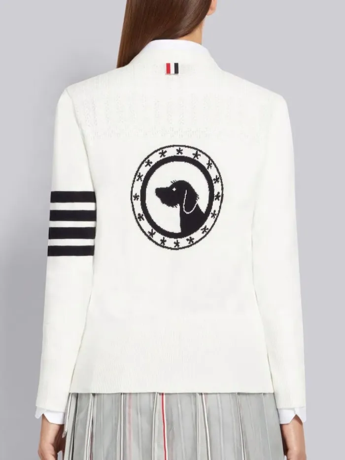 Cotton Hector Medallion 4bar Vneck Cardigan White Women Thom Browne Knitwear